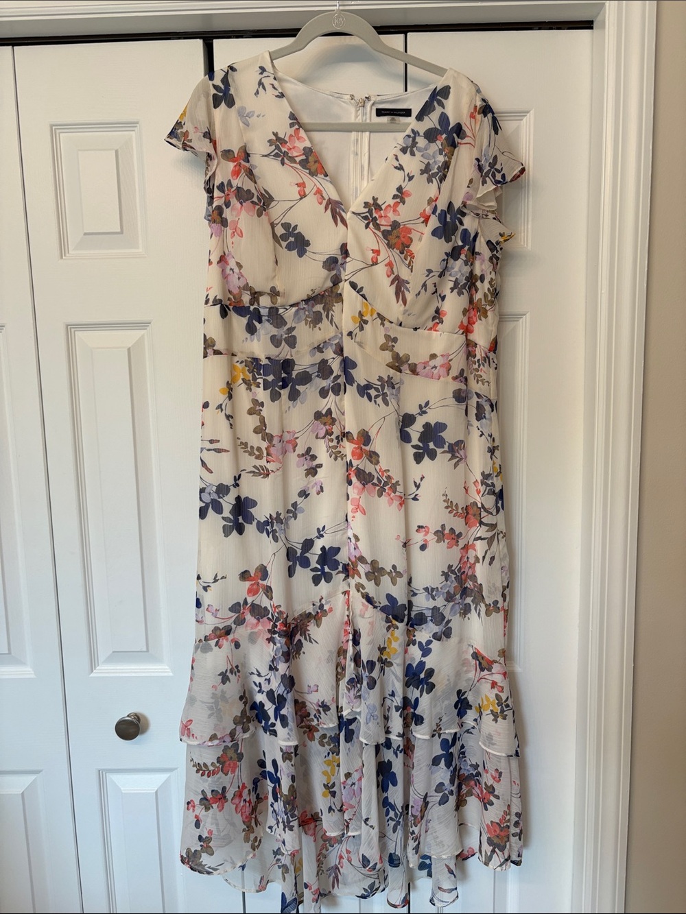 Tommy Hilfiger Cream Floral Midi Dress with Blue & Pink Accents